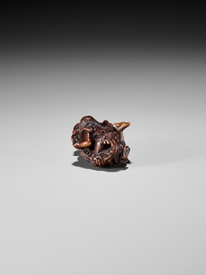 Lot 370 - KOKEI: A FINE WOOD NETSUKE OF AMA STRUGGLING WITH AN OCTOPUS