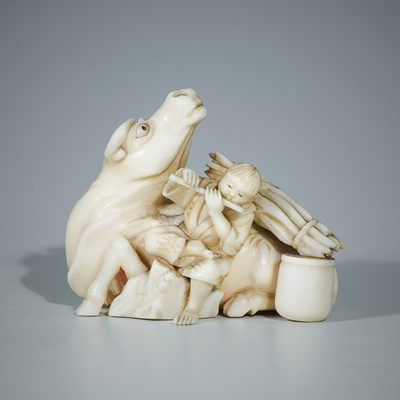 Lot 361 - SHOICHI: A FINE OKIMONO OF A HERDBOY ON OX