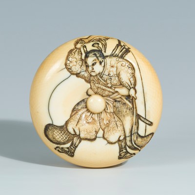 Lot 393 - YOSHITOMO: AN IVORY MANJU NETSUKE OF OTA DOKAN
