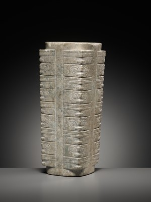 Lot 411 - A LARGE NINE-TIERED JADE CONG, LIANGZHU CULTURE