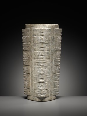 Lot 411 - A LARGE NINE-TIERED JADE CONG, LIANGZHU CULTURE