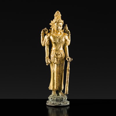 Lot 309 - A RARE GILT COPPER ALLOY FIGURE OF VISHNU, JAVA, 14TH-15TH CENTURY OR EARLIER