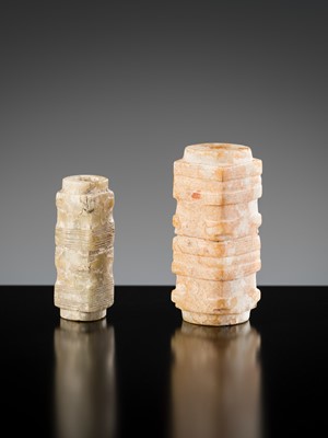 Lot 137 - A GROUP OF TWO JADE CONG-FORM BEADS, LIANGZHU CULTURE