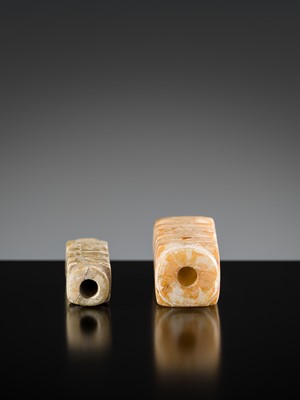 Lot 137 - A GROUP OF TWO JADE CONG-FORM BEADS, LIANGZHU CULTURE