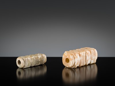 Lot 137 - A GROUP OF TWO JADE CONG-FORM BEADS, LIANGZHU CULTURE