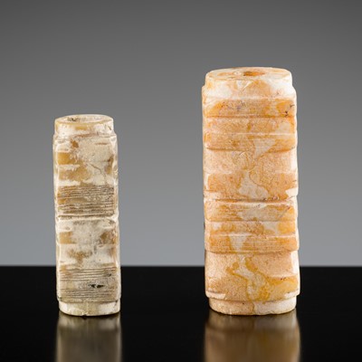 Lot 137 - A GROUP OF TWO JADE CONG-FORM BEADS, LIANGZHU CULTURE