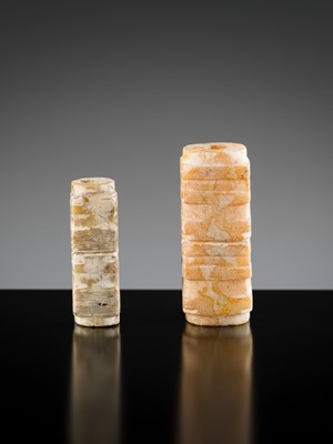 Lot 137 - A GROUP OF TWO JADE CONG-FORM BEADS, LIANGZHU CULTURE