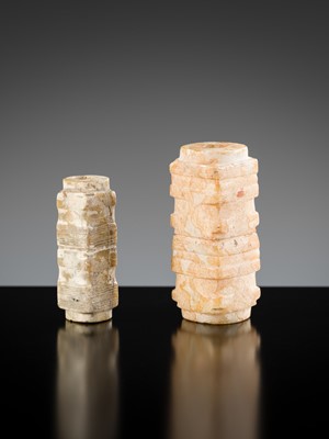 Lot 137 - A GROUP OF TWO JADE CONG-FORM BEADS, LIANGZHU CULTURE