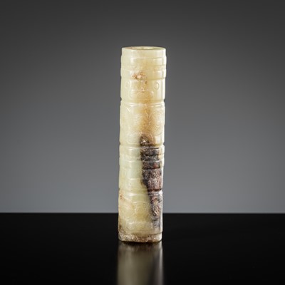 Lot 412 - A RARE SMALL ARCHAIC CELADON JADE TUBULAR BEAD, LIANGZHU CULTURE