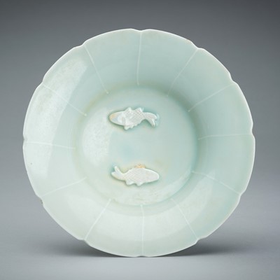 A QINGBAI GLAZED AND MOLDED ‘DOUBLE FISH’ PORCELAIN DISH, SONG STYLE, QING