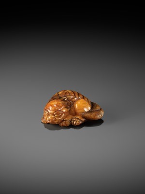 Lot 283 - A VERY RARE CLOUDY AMBER NETSUKE OF A RECUMBENT SHISHI