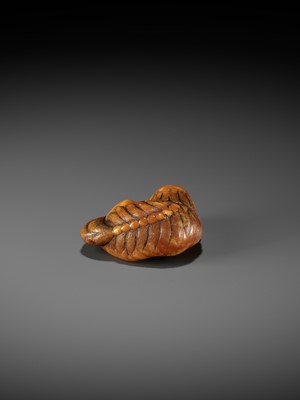 Lot 283 - A VERY RARE CLOUDY AMBER NETSUKE OF A RECUMBENT SHISHI
