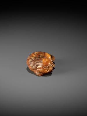 Lot 283 - A VERY RARE CLOUDY AMBER NETSUKE OF A RECUMBENT SHISHI