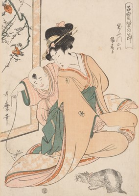 KITAGAWA UTAMARO: A LADY AND CHILD PLAYING WITH A CAT, EX-COLLECTION FREDDIE MERCURY