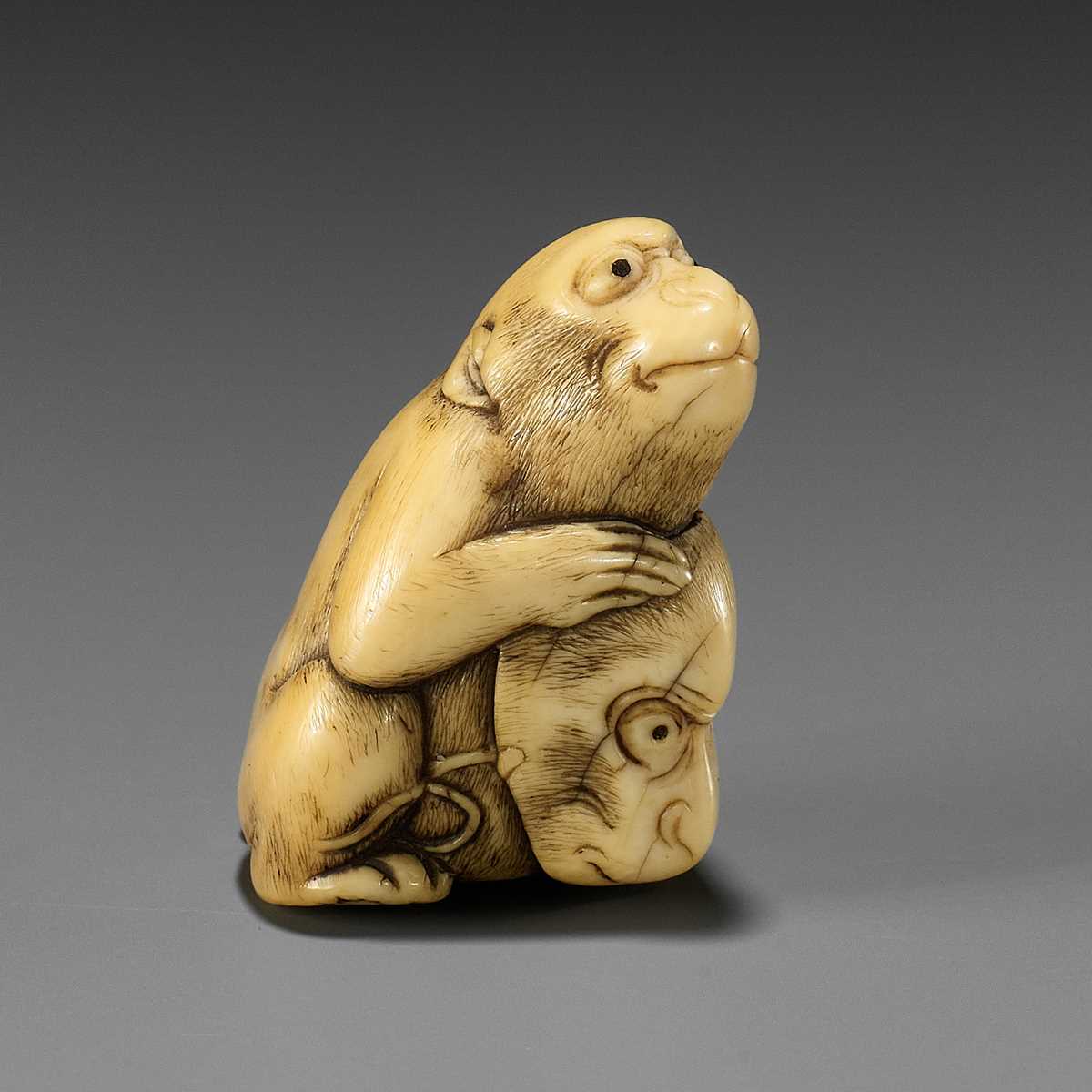 Lot 189 - A FINE OSAKA SCHOOL IVORY NETSUKE OF A MONKEY WITH A SARU MASK