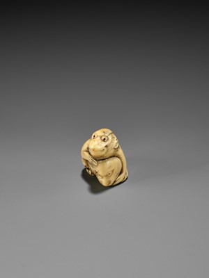 Lot 189 - A FINE OSAKA SCHOOL IVORY NETSUKE OF A MONKEY WITH A SARU MASK