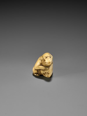 Lot 189 - A FINE OSAKA SCHOOL IVORY NETSUKE OF A MONKEY WITH A SARU MASK