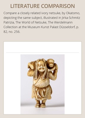 Lot 190 - A FINE IVORY NETSUKE DEPICTING THE SPY ONCHI SAKON MITSUKAZU WITH A MONKEY, ATTRIBUTED TO OKATOMO