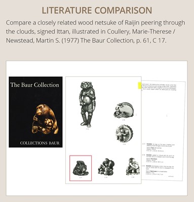 Lot 401 - ITTAN: A FINE WOOD NETSUKE OF RAIJIN PEERING THROUGH CLOUDS
