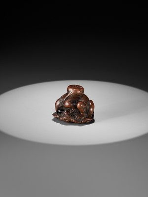 Lot 401 - ITTAN: A FINE WOOD NETSUKE OF RAIJIN PEERING THROUGH CLOUDS