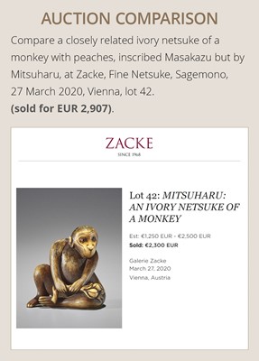 Lot 348 - A HUMOROUS WOOD NETSUKE OF TWO MONKEYS AND PEACH, ATTRIBUTED TO MITSUHARU