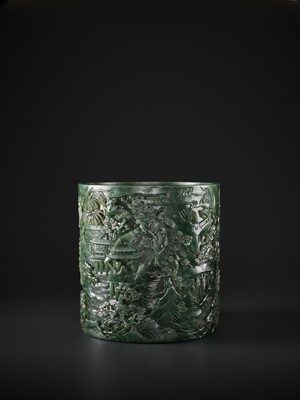 Lot 194 - A LARGE AND RETICULATED SPINACH JADE BRUSHPOT, BITONG, QIANLONG PERIOD