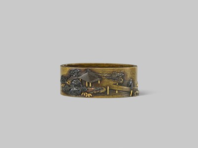 Lot 320 - NARA TOSHIMITSU: A FINE NARA SCHOOL SENTOKU FUCHI DEPICTING A LAKESIDE PAVILION
