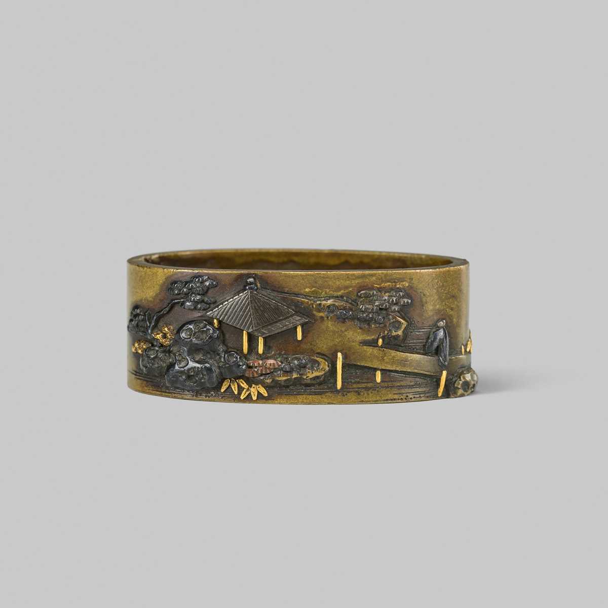 Lot 320 - NARA TOSHIMITSU: A FINE NARA SCHOOL SENTOKU FUCHI DEPICTING A LAKESIDE PAVILION