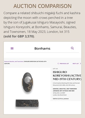 Lot 318 - ISHIGURO MASAYOSHI: A FINE SHAKUDO FUCHI WITH TRUMPET VINE AND SPARROWS