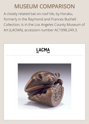 Lot 300 - A RARE HORN NETSUKE OF A PUPPY NESTLED WITHIN A ROOF TILE, ATTRIBUTED TO HORAKU