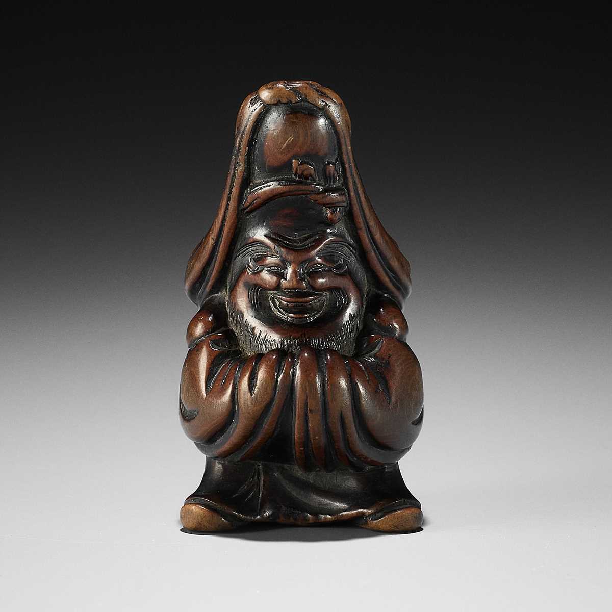 Lot 195 - MASATOMO: A WOOD NETSUKE OF FUKUROKUJU