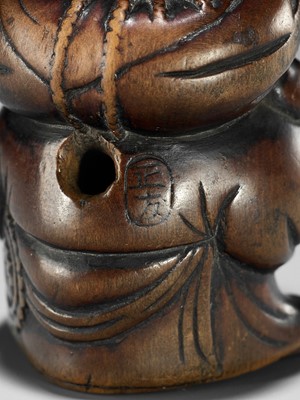 Lot 195 - MASATOMO: A WOOD NETSUKE OF FUKUROKUJU