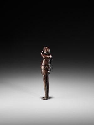 Lot 366 - A FINE EDO SCHOOL WOOD NETSUKE DEPICTING ASHINAGA WITH DRUM