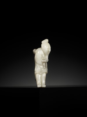 A WHITE AND BLACK JADE FIGURE OF DONGFANG SHUO, SONG TO MING DYNASTY