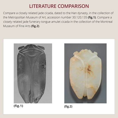 Lot 811 - A JADE TONGUE AMULET IN THE FORM OF A CICADA, HAN DYNASTY