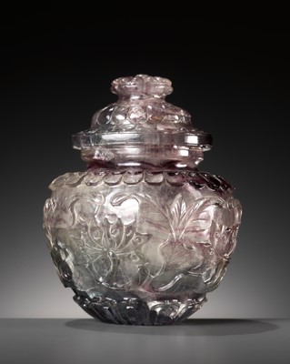 A RARE GREEN AND PINK TOURMALINE ‘LOTUS’ JAR AND COVER, QING DYNASTY