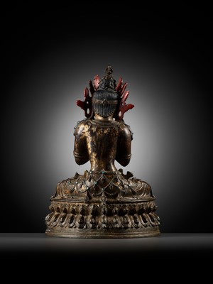 Lot 317 - A GILT AND RED LACQUERED BRONZE FIGURE OF VAJRADHARA, LATE QING DYNASTY TO REPUBLIC PERIOD