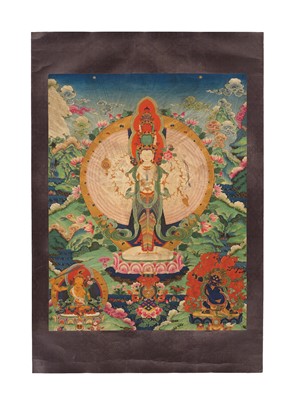 Lot 303 - AN IMPERIAL-SCHOOL BUDDHIST PAINTING OF AVALOKITESHVARA SAHASRABHUJA, CHINA, 18TH CENTURY