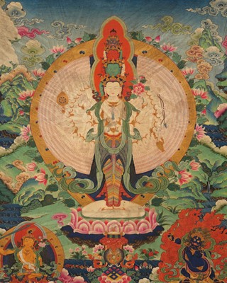 Lot 303 - AN IMPERIAL-SCHOOL BUDDHIST PAINTING OF AVALOKITESHVARA SAHASRABHUJA, CHINA, 18TH CENTURY