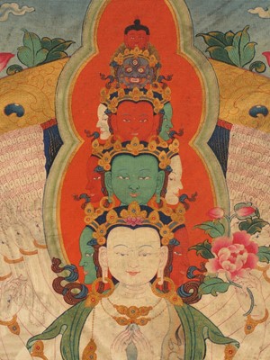 Lot 303 - AN IMPERIAL-SCHOOL BUDDHIST PAINTING OF AVALOKITESHVARA SAHASRABHUJA, CHINA, 18TH CENTURY