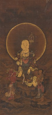 Lot 296 - A RARE BUDDHIST SCROLL PAINTING OF ENMEI JIZO (LIFE-PROLONGING JIZO) AND ATTENDANTS, MUROMACHI PERIOD