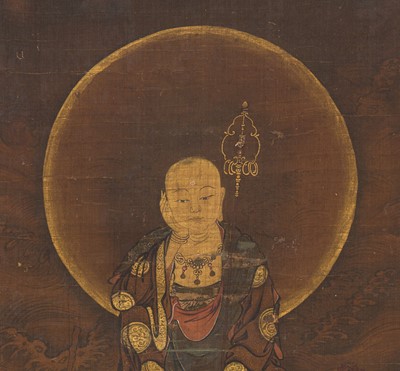 Lot 296 - A RARE BUDDHIST SCROLL PAINTING OF ENMEI JIZO (LIFE-PROLONGING JIZO) AND ATTENDANTS, MUROMACHI PERIOD