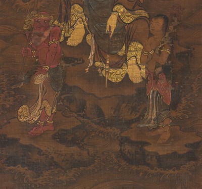Lot 296 - A RARE BUDDHIST SCROLL PAINTING OF ENMEI JIZO (LIFE-PROLONGING JIZO) AND ATTENDANTS, MUROMACHI PERIOD