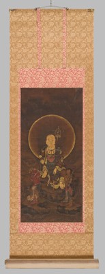 Lot 296 - A RARE BUDDHIST SCROLL PAINTING OF ENMEI JIZO (LIFE-PROLONGING JIZO) AND ATTENDANTS, MUROMACHI PERIOD