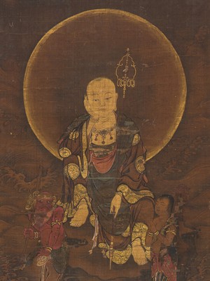 Lot 296 - A RARE BUDDHIST SCROLL PAINTING OF ENMEI JIZO (LIFE-PROLONGING JIZO) AND ATTENDANTS, MUROMACHI PERIOD