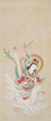 Lot 754 - A FINE BUDDHIST SCROLL PAINTING OF THE DEITY INARI, 18TH CENTURY