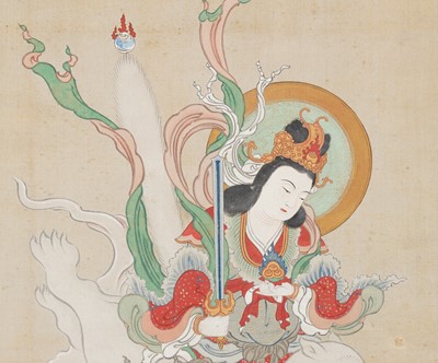 Lot 754 - A FINE BUDDHIST SCROLL PAINTING OF THE DEITY INARI, 18TH CENTURY