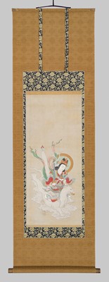 Lot 754 - A FINE BUDDHIST SCROLL PAINTING OF THE DEITY INARI, 18TH CENTURY