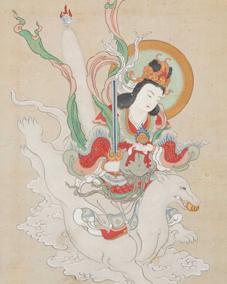 Lot 754 - A FINE BUDDHIST SCROLL PAINTING OF THE DEITY INARI, 18TH CENTURY