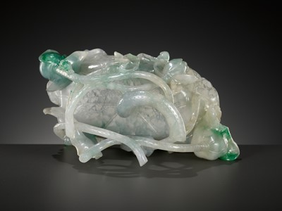 Lot 116 - A TRANSLUCENT EMERALD GREEN AND LAVENDER JADEITE ‘LOTUS AND BIRDS’ BRUSH WASHER, QING DYNASTY